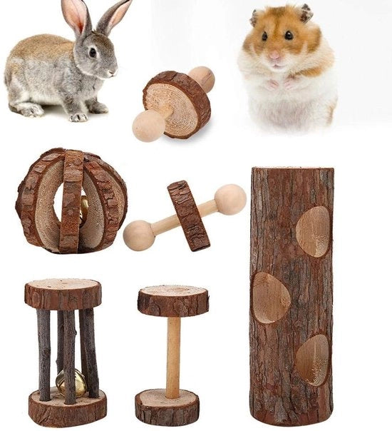 Set di Giocattoli in Legno per Hamster - Attività di Educazione per la Pulizia dei Denti - Set di 5 Giocattoli - Materiali di Qualità - Giocattoli per Animali Domestici