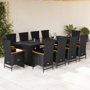 Set da Pranzo da Giardino 11 pz con Cuscini in Polyrattan Nero