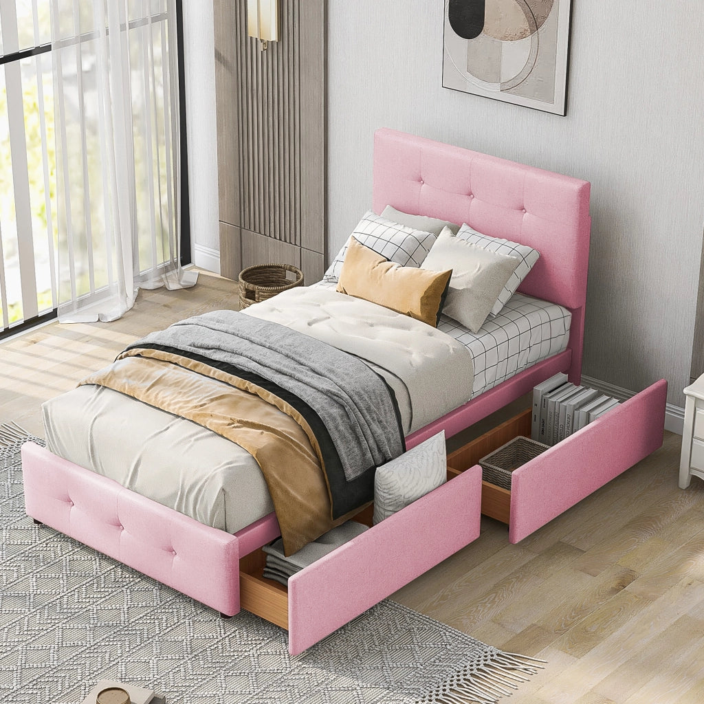 OKWISH Letto Singolo 90×200 cm, Letto Bambini con 1 Cassetto, Testiera e Rete a Doghe, senza Materasso, Imbottito, Rosa
