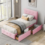 OKWISH Letto Singolo 90×200 cm, Letto Bambini con 1 Cassetto, Testiera e Rete a Doghe, senza Materasso, Imbottito, Rosa