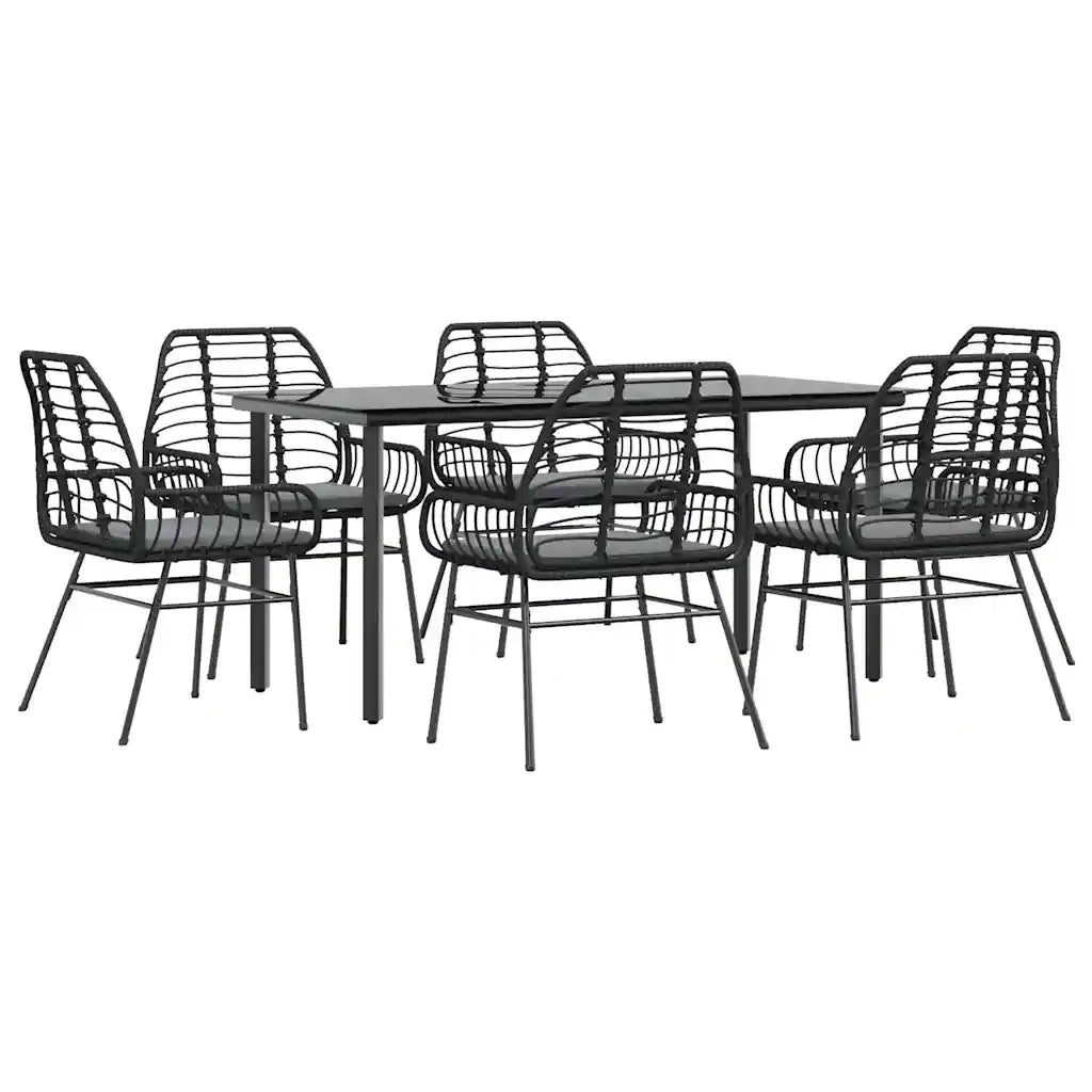 Set Pranzo da Giardino 7 pz Nero con Cuscini Polyrattan Vetro 3334552