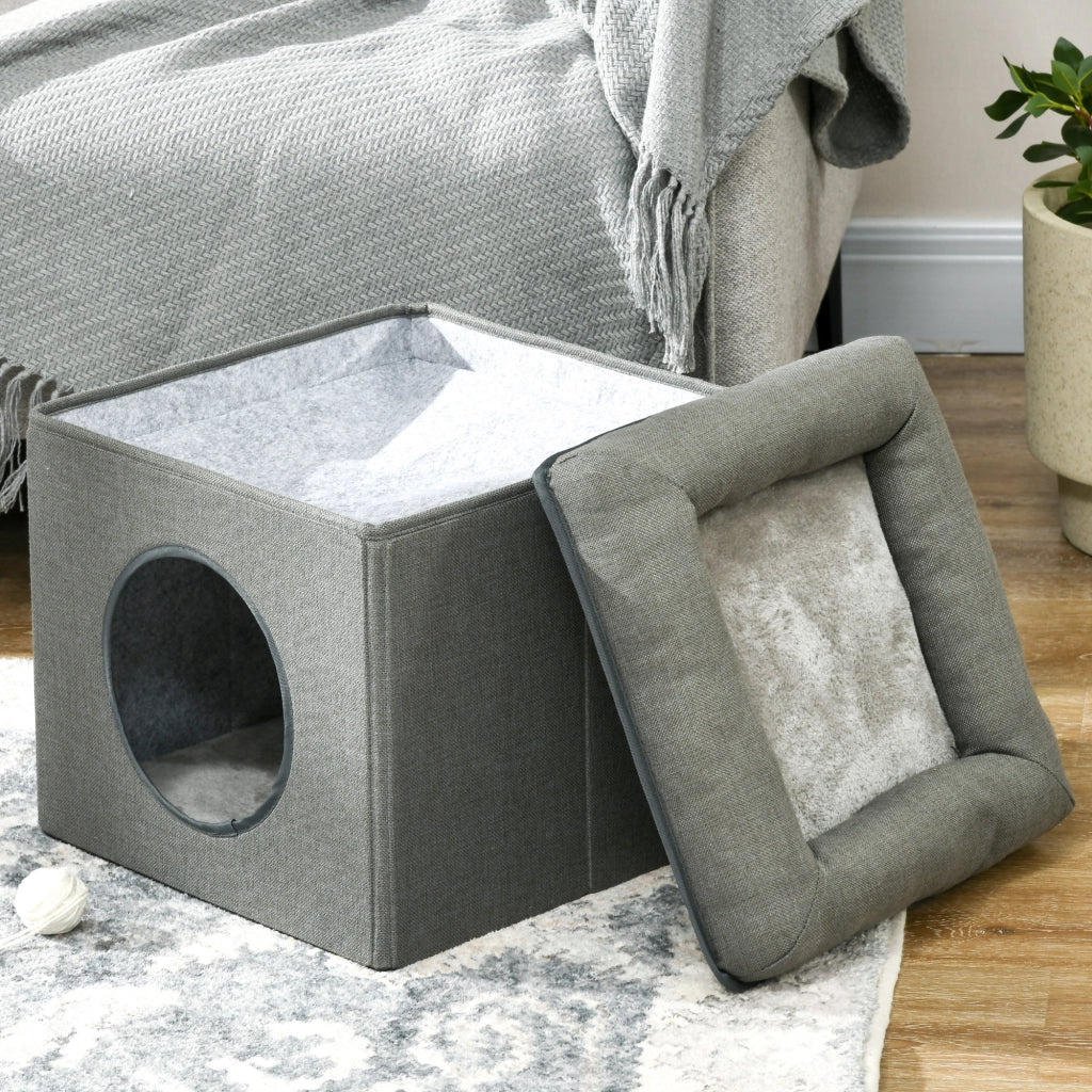 Cuccia a Casetta per Gatti a 2 Livelli 36,5x36,5x33 cm con Cuscino in Peluche in MDF e Poliestere Verde