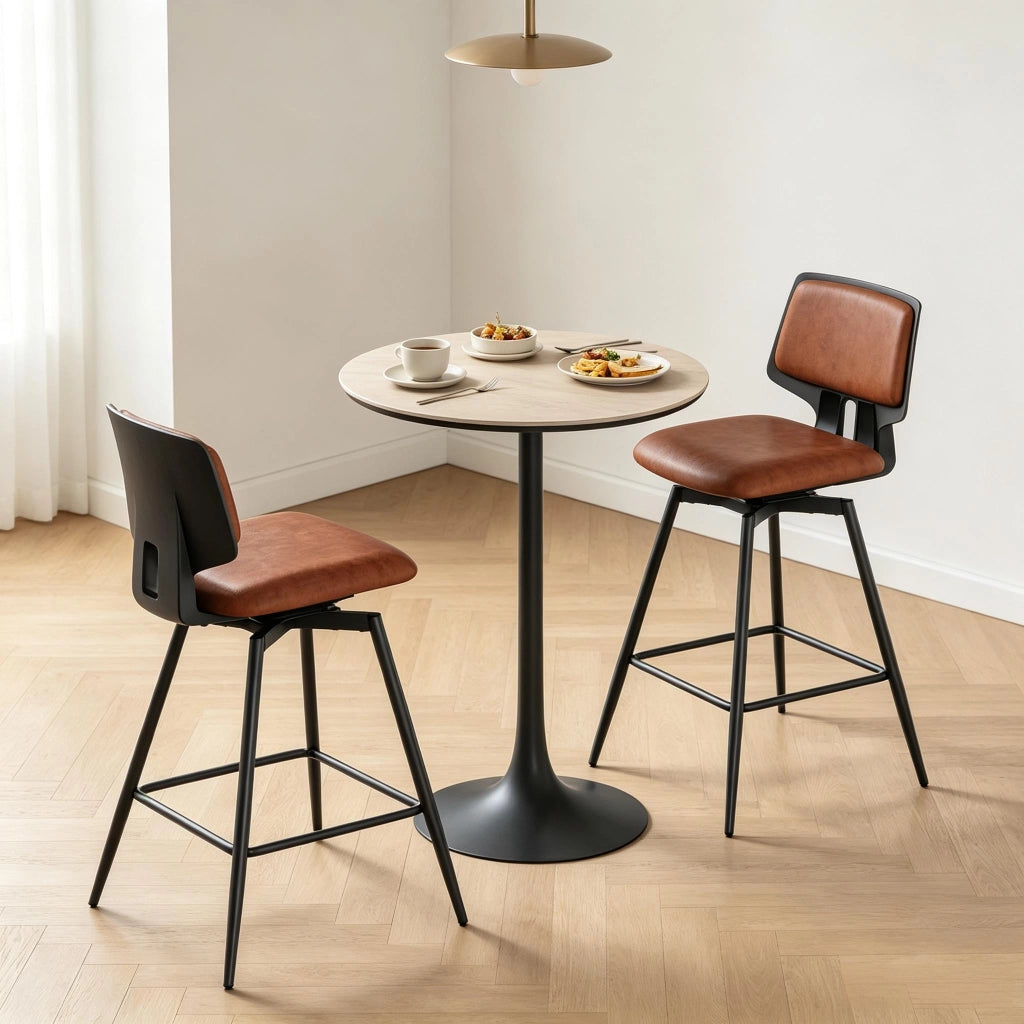 Sgabello da bar girevole con schienale ergonomico e poggiapiedi in metallo per cucina e soggiorno in pelle marrone