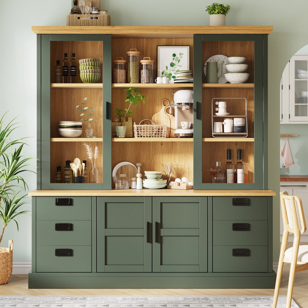 Credenza alta con vetrina, 6 cassetti e ante doppie, per cucina, in MDF e metallo, verde, 140 × 40 × 185 cm