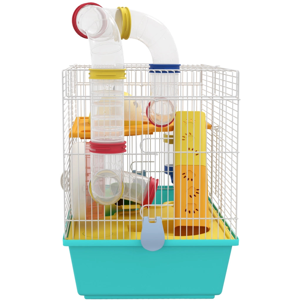 Gabbia per Criceti 45x28x37 cm con Ruota Casetta Ciotola Rampe e Serbatoio in Acciaio PS e PP Bianco e Azzurro