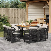 Set da Pranzo da Giardino 9 pz con Cuscini Nero in Polyrattan