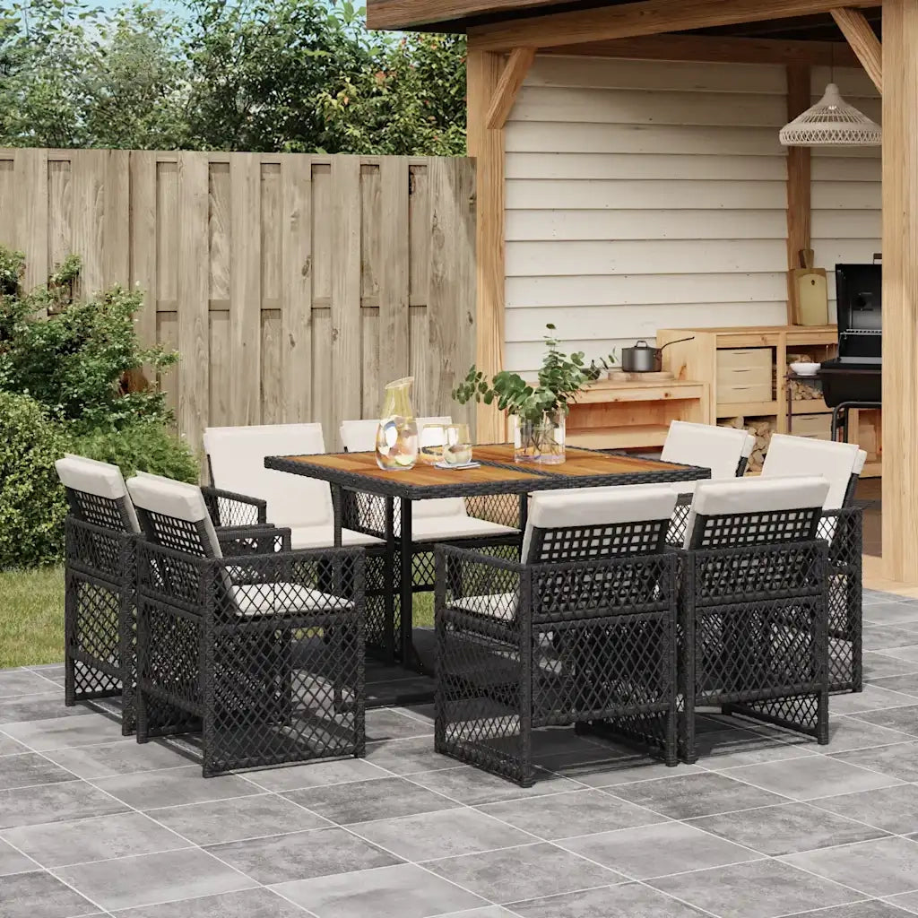 Set da Pranzo da Giardino 9 pz con Cuscini Nero in Polyrattan