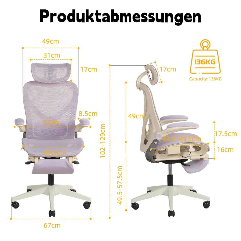Sedia da ufficio ergonomica pieghevole con supporto lombare e poggiatesta regolabile in mesh viola per lavoro
