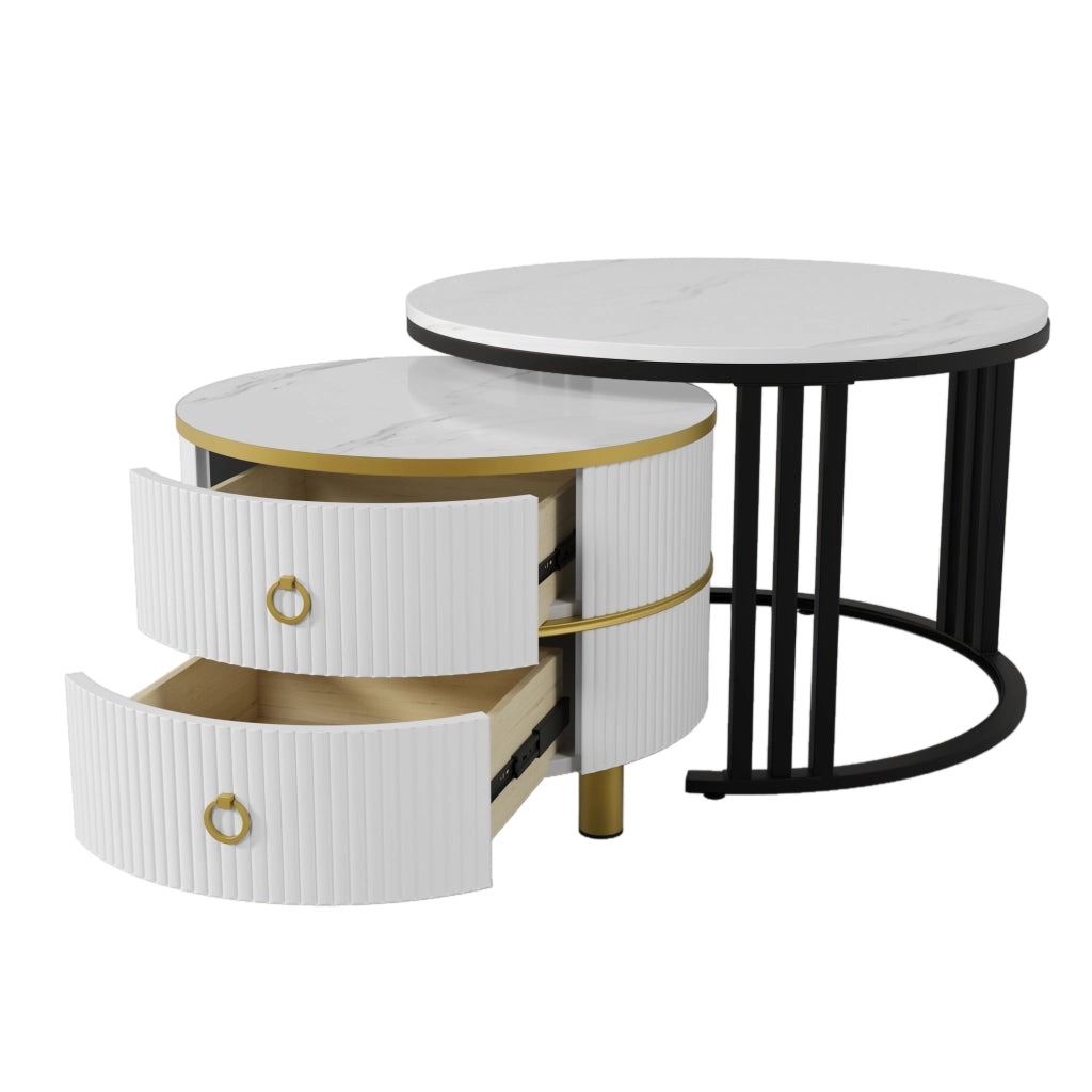 Tavolino da Caff¨¨ Rotondo MDF Set 2 Pezzi con Cassetti ¨C MINIMAL ¨C Bianco Marmo, 70x70x46 + 50x50x40 cm