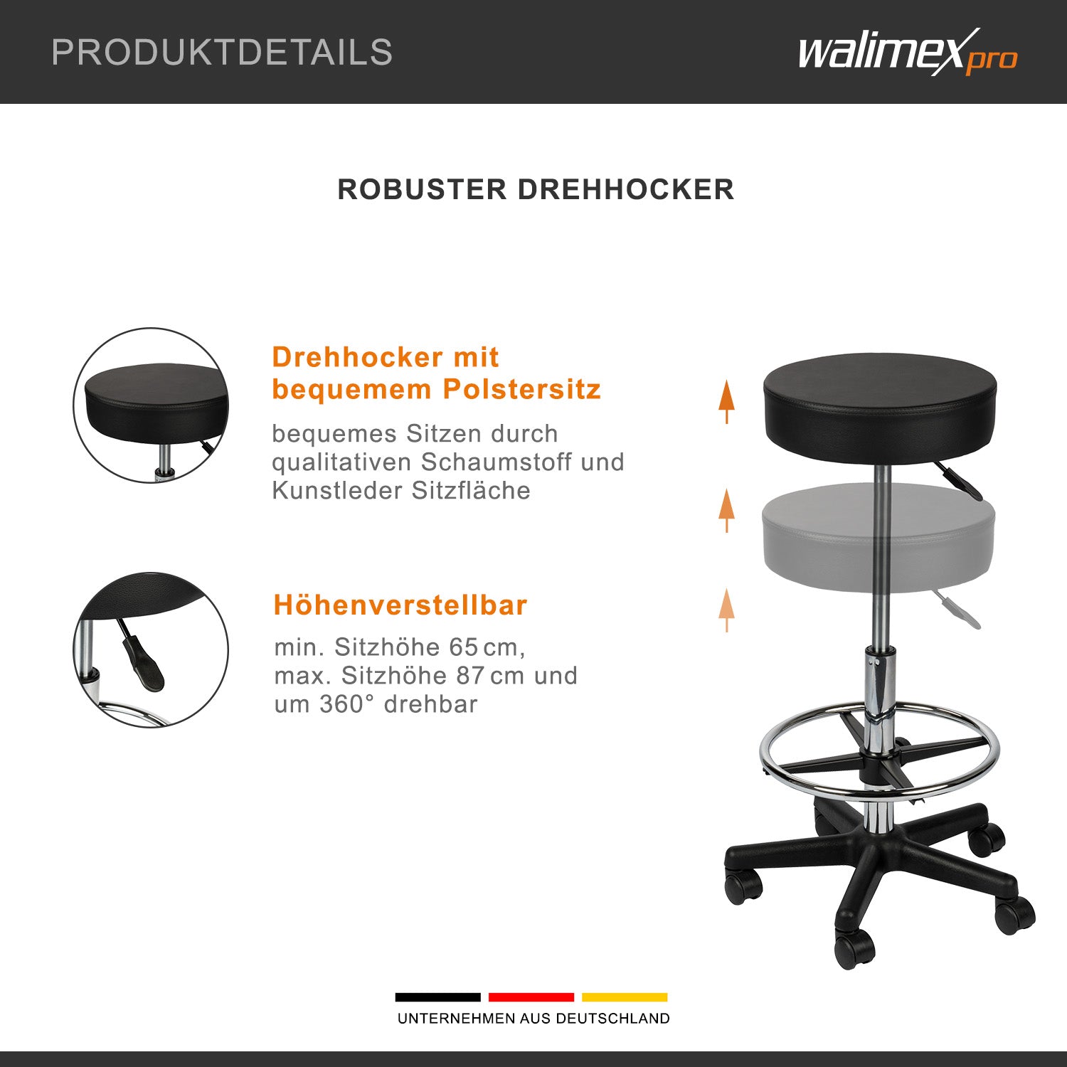 Sgabello con ruote regolabile in altezza 65-87 cm, max 120 kg girevole a 360°, per ufficio studio fotografico