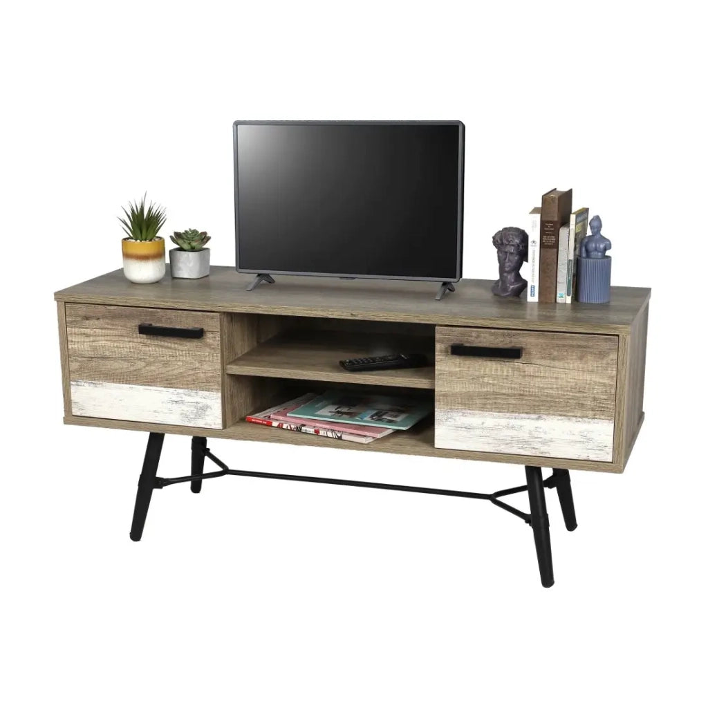 Mobile TV stile scandinavo con 2 porte e 2 scaffali color quercia invecchiata – Collezione UMÉA 120x55x40 cm