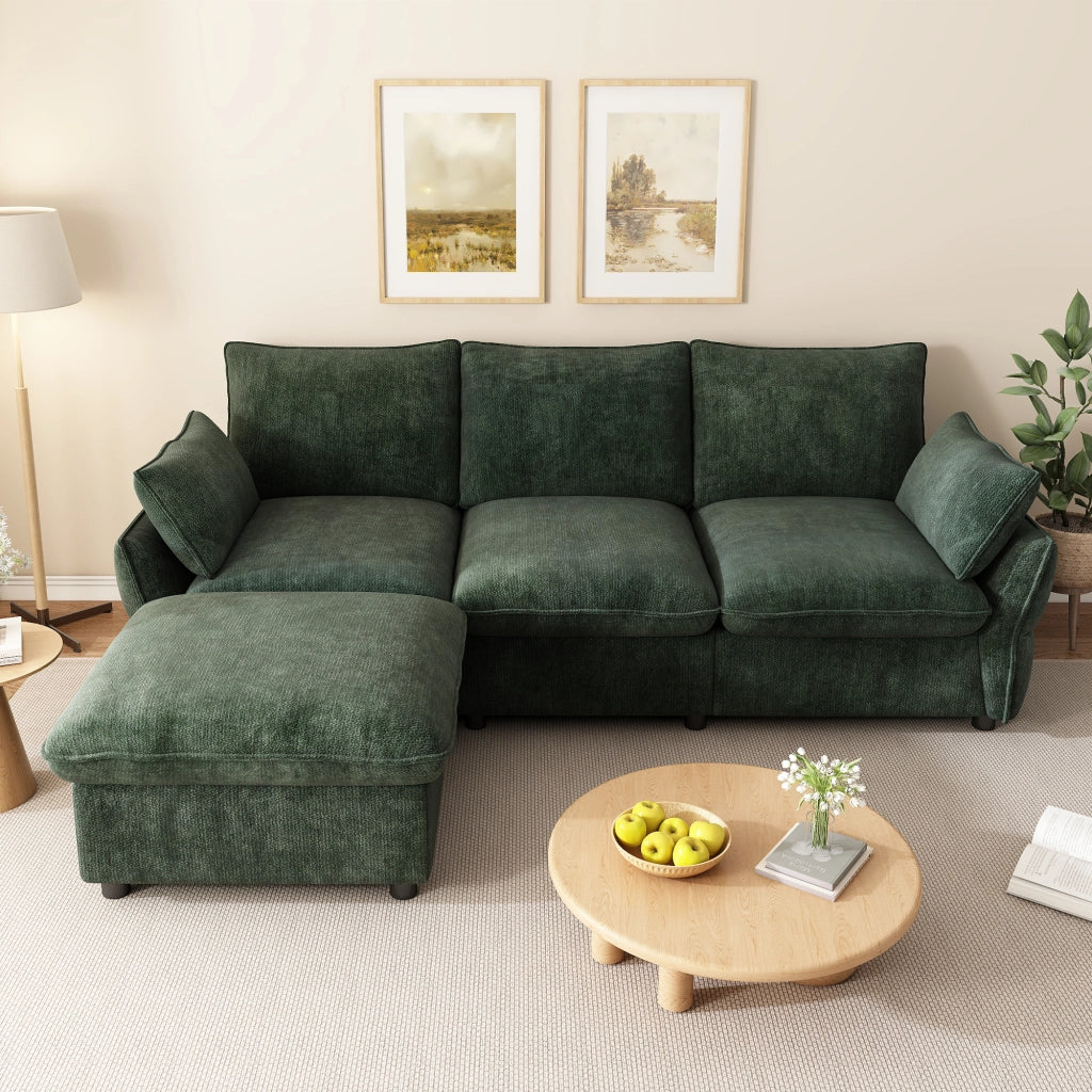 Divano angolare 3 posti con pouf separato e 2 cuscini, in ciniglia verde scuro, 222.5 × 154.5 × 76.5 cm