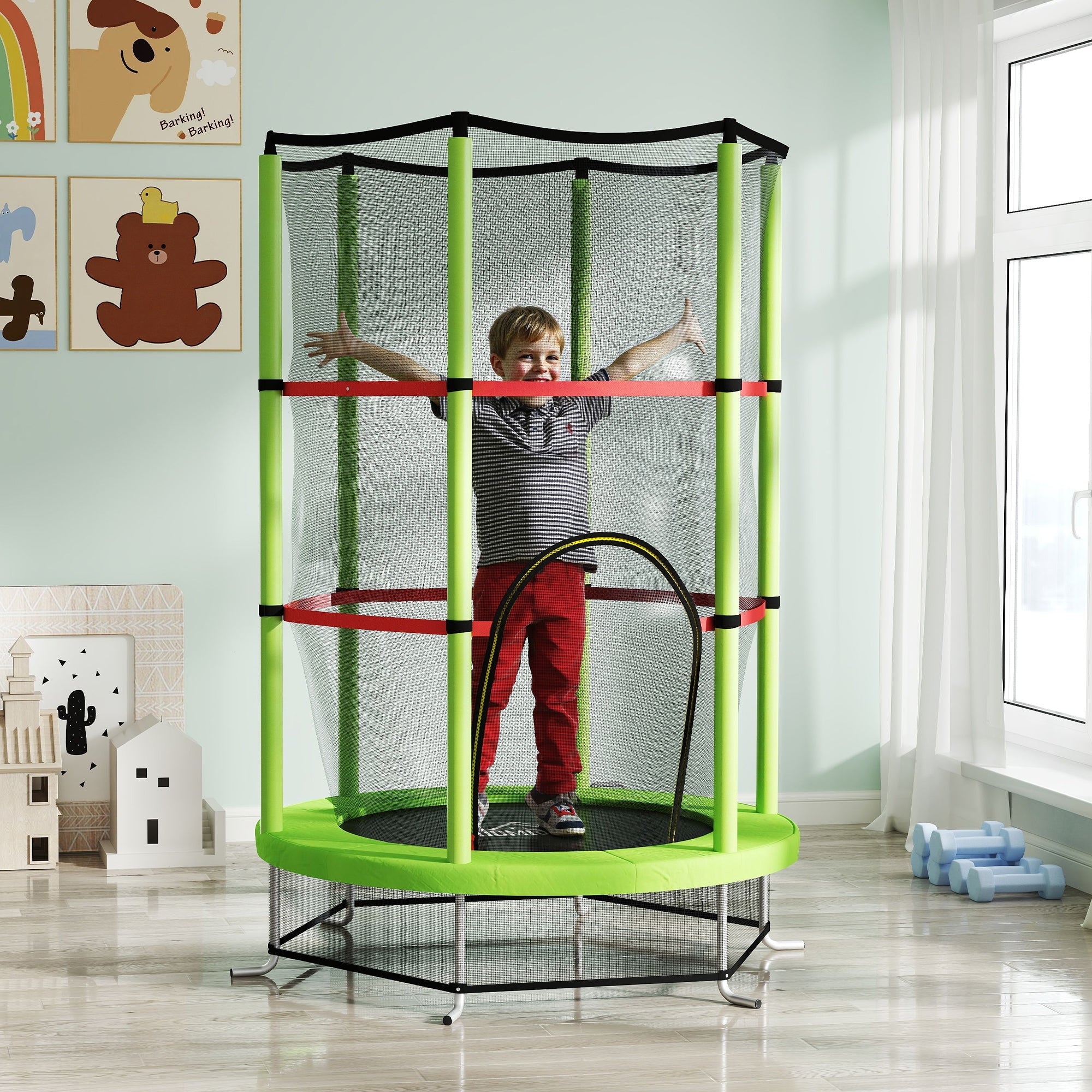 Tappeto Elastico per Bambini 3-6 Anni Ø140x190 cm con Rete di Protezione Verde e Nero