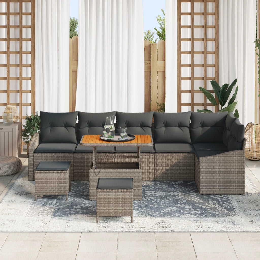 Set di divani da giardino  9 pezzi con cuscini in rattan grigio e acacia