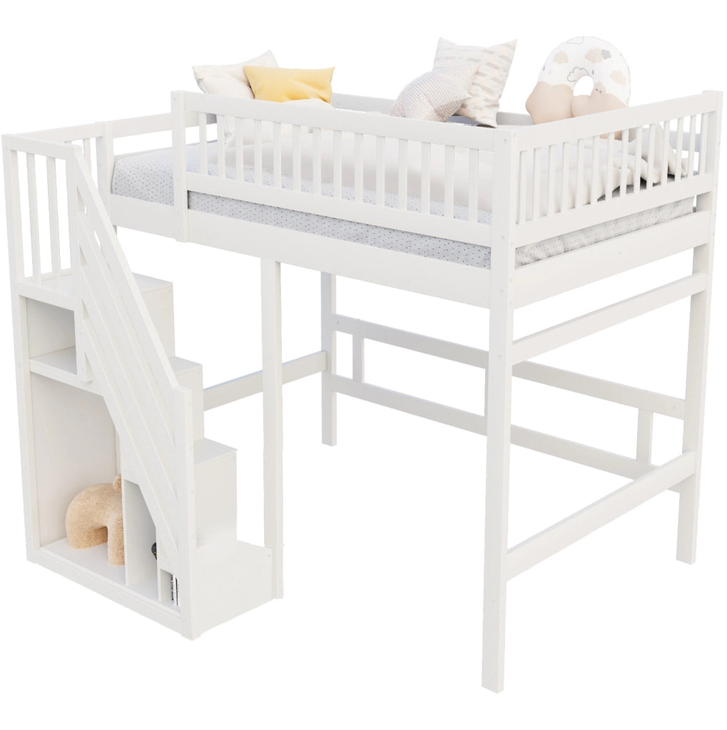 Letto singolo rialzato 140x200 cm in legno con scala contenitore; sponde alte; bianco