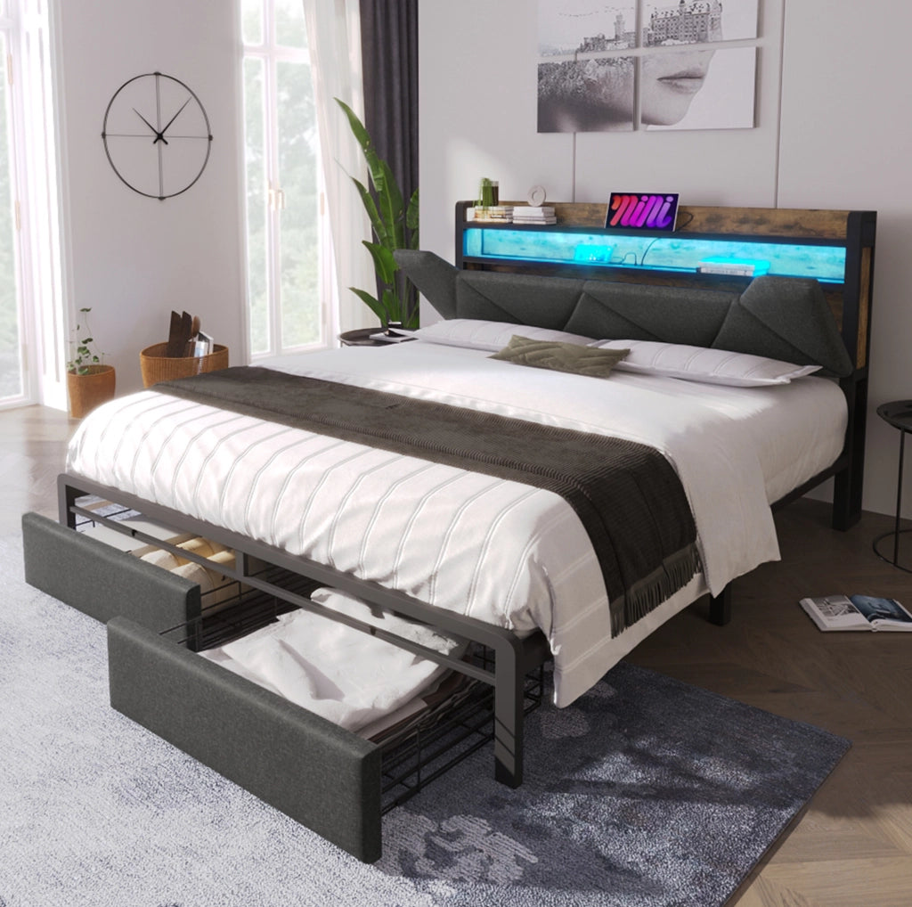 Letto imbottito 160x200 con testiera contenitore; LED; USB e 2 cassetti; grigio