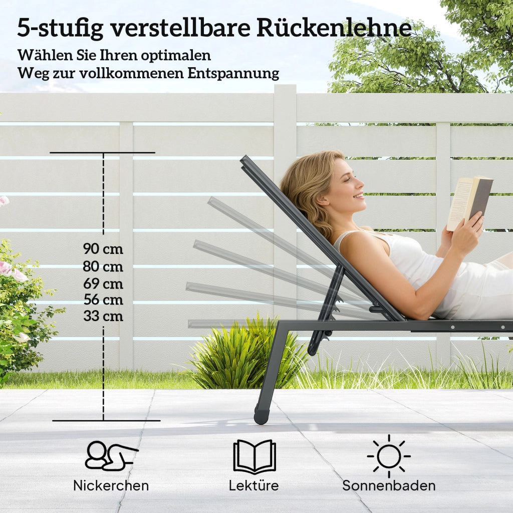 Set 2 Lettini Solarium Giardino con Schienale Regolabile e Tavolino Laterale ¨C zephmum ¨C Grigio