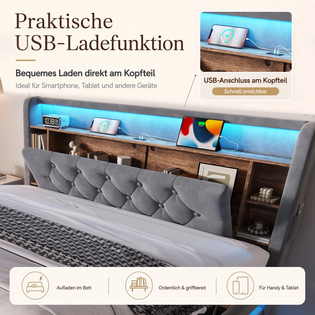 LETTO Contenitore 160x200 cm in velluto grigio scuro con testiera multifunzione