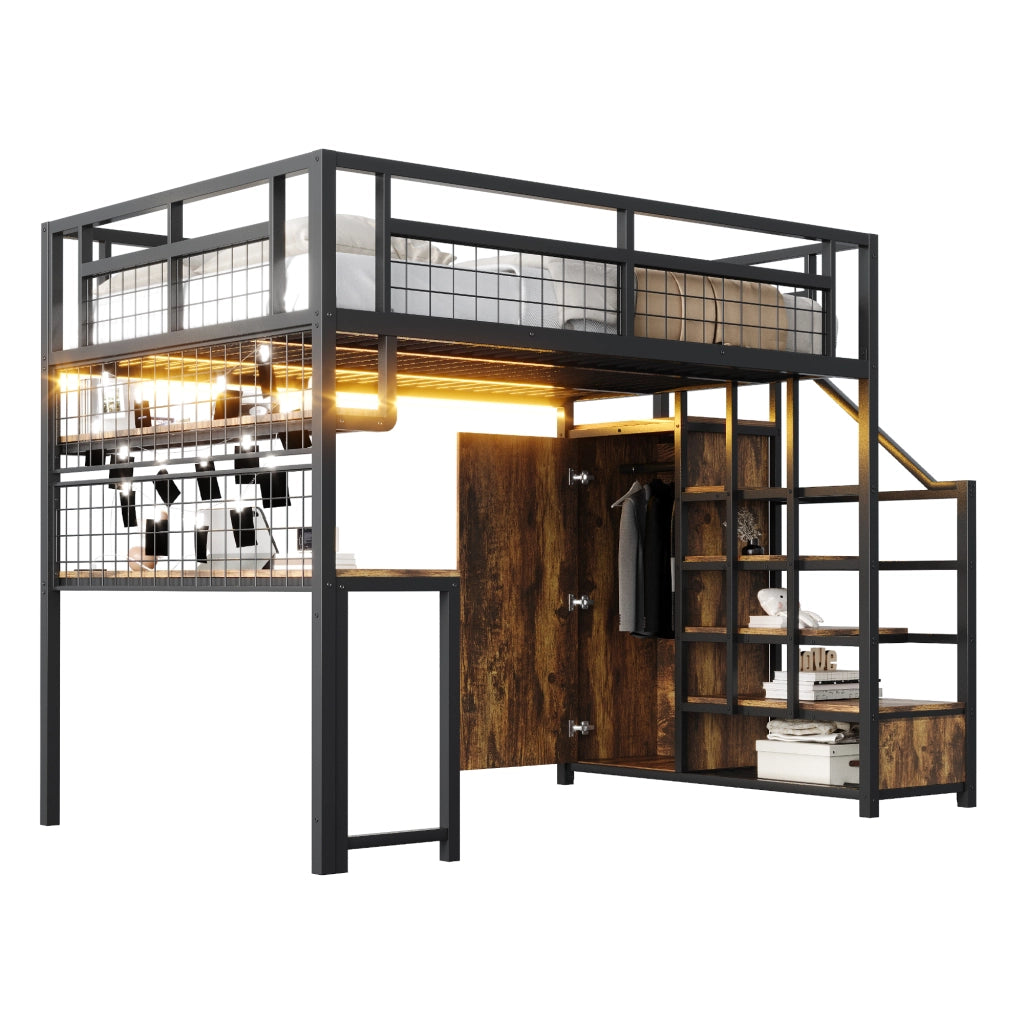 Letto a soppalco in metallo 140x200 cm nero con scrivania, scaffale, scala contenitore, armadio e luci integrate
