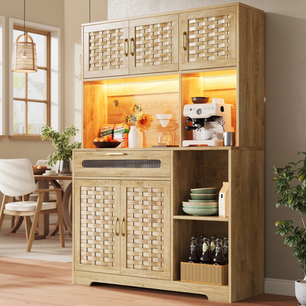 Credenza Alta da Cucina con Ante in Vetro e Ripiani Regolabili con LED per Cucina in MDF 120x40x180 cm Naturale