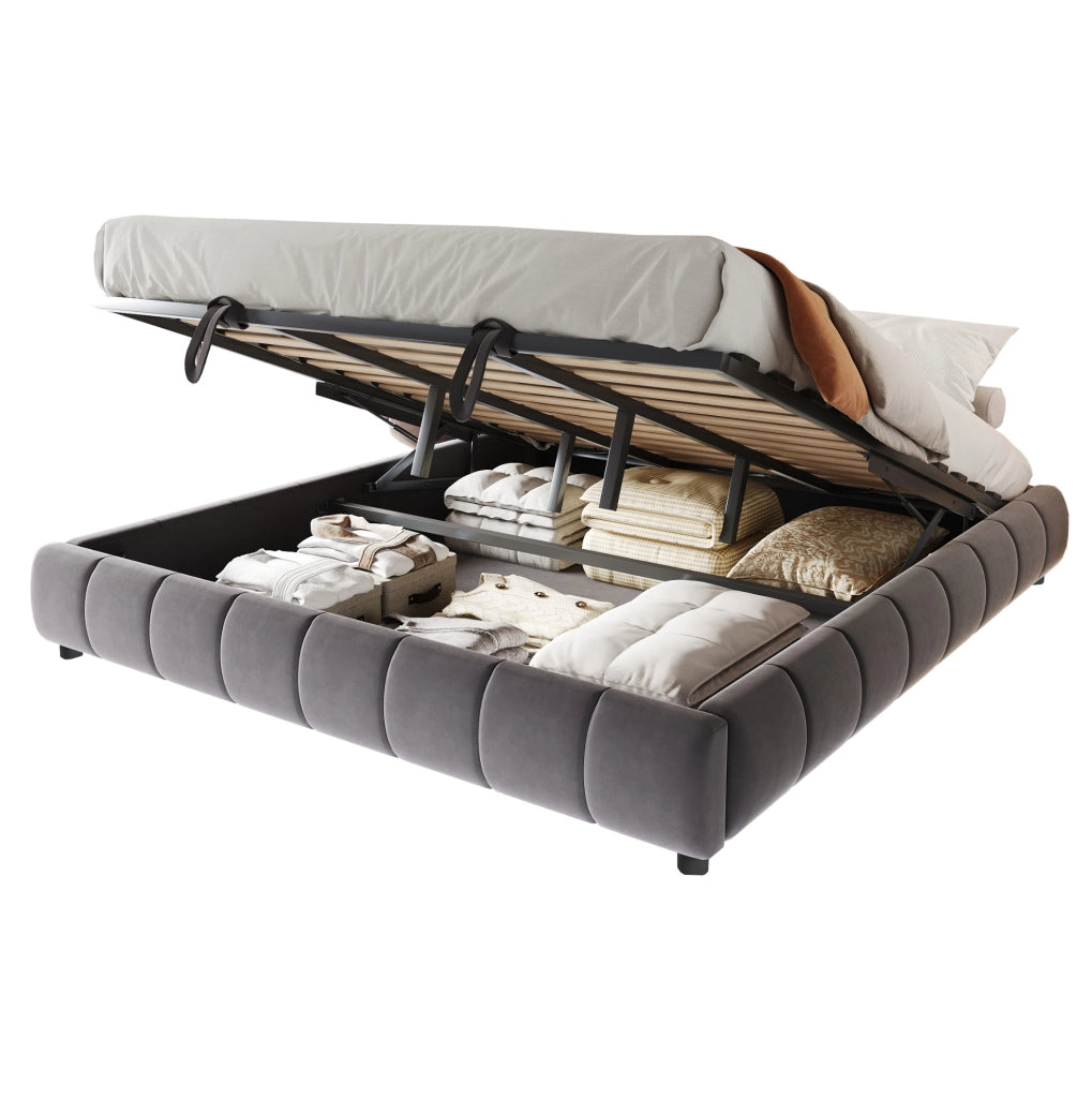 Letto imbottito 180x200 cm grigio con LED e contenitore