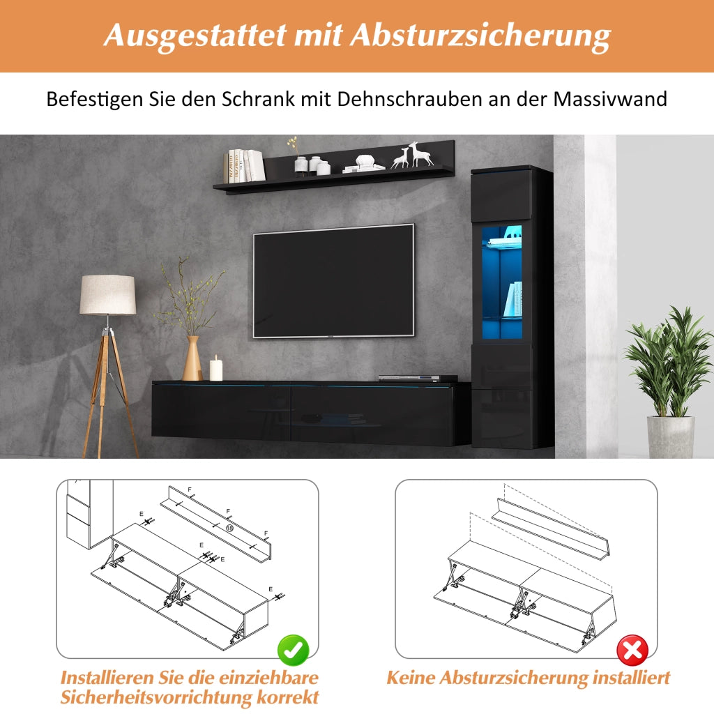 PARETE ATTREZZATA 3 pezzi con LED 180 cm Nero lucido