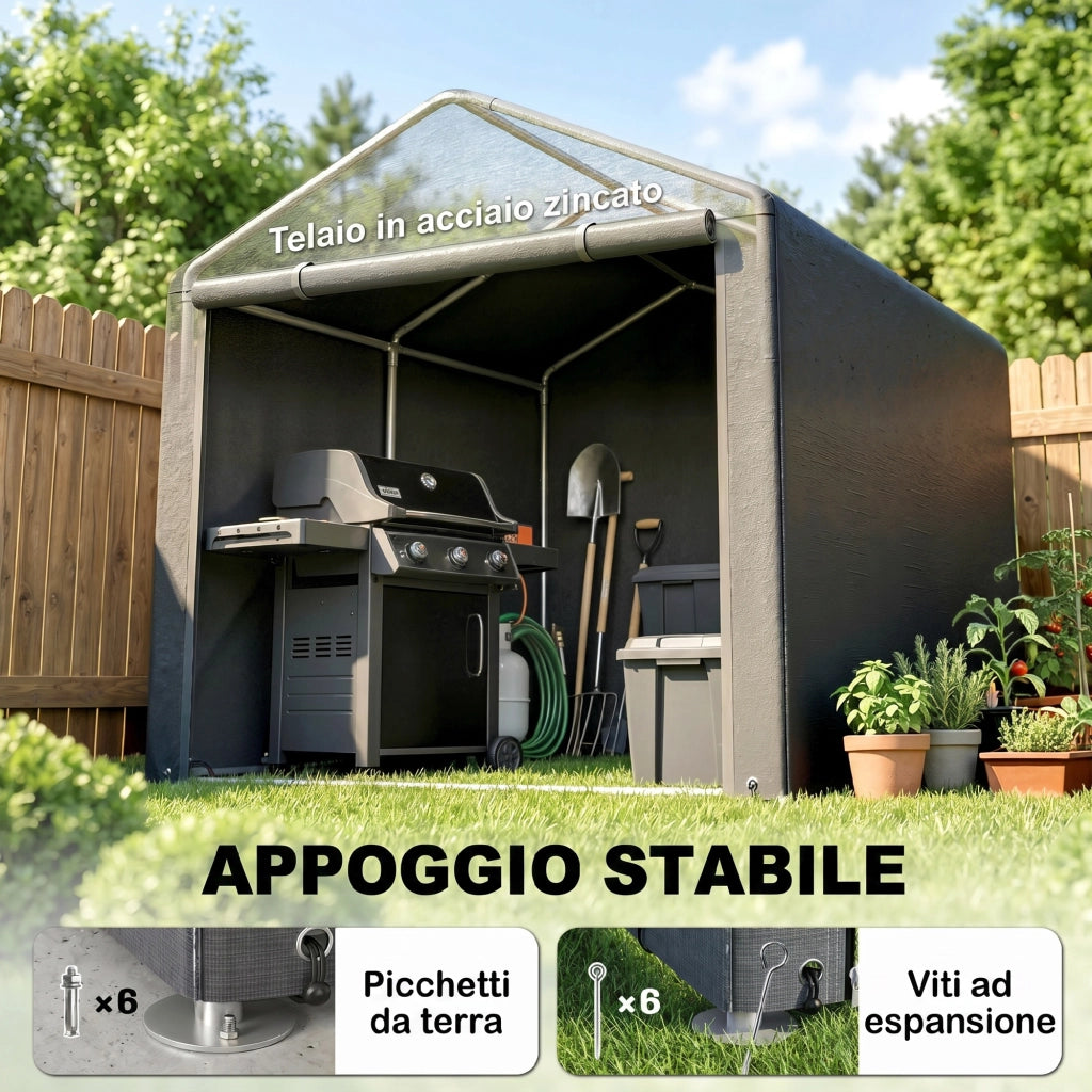 Capanno Porta Attrezzi e Tenda Garage per Bici e Moto con Copertura Anti-UV, 1.6x2m, Grigio Scuro
