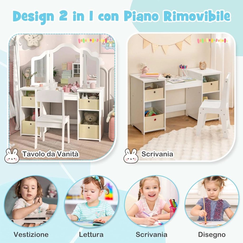 Toeletta Trucco 2 in 1 per Bambina, Specchiera Staccabile per Ragazza in Legno Robusto con 4 Cassetti in Tessuto, Sgabello e Specchio, Postazione Trucco per 3 Anni, 104 x 40 x 117 cm (Bianco)