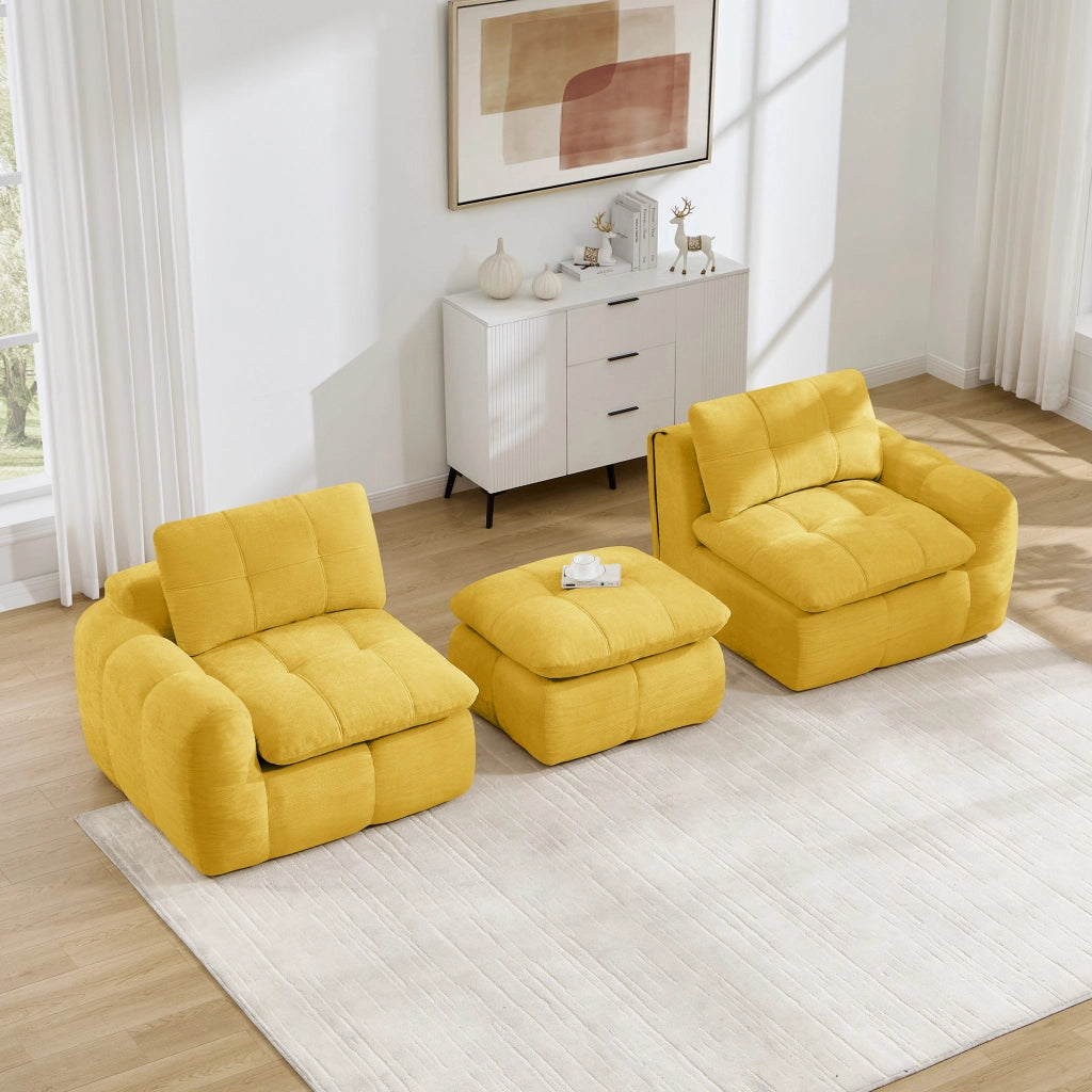 Divano modulare a L 2 posti senza struttura con seduta ergonomica e pouf per salotto e appartamenti in chenille gialla
