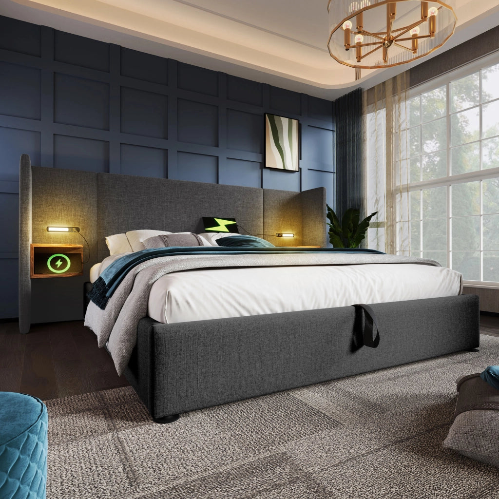 LETTO Contenitore 160x200 cm Grigio in Lino con USB Type-C e lampada da lettura