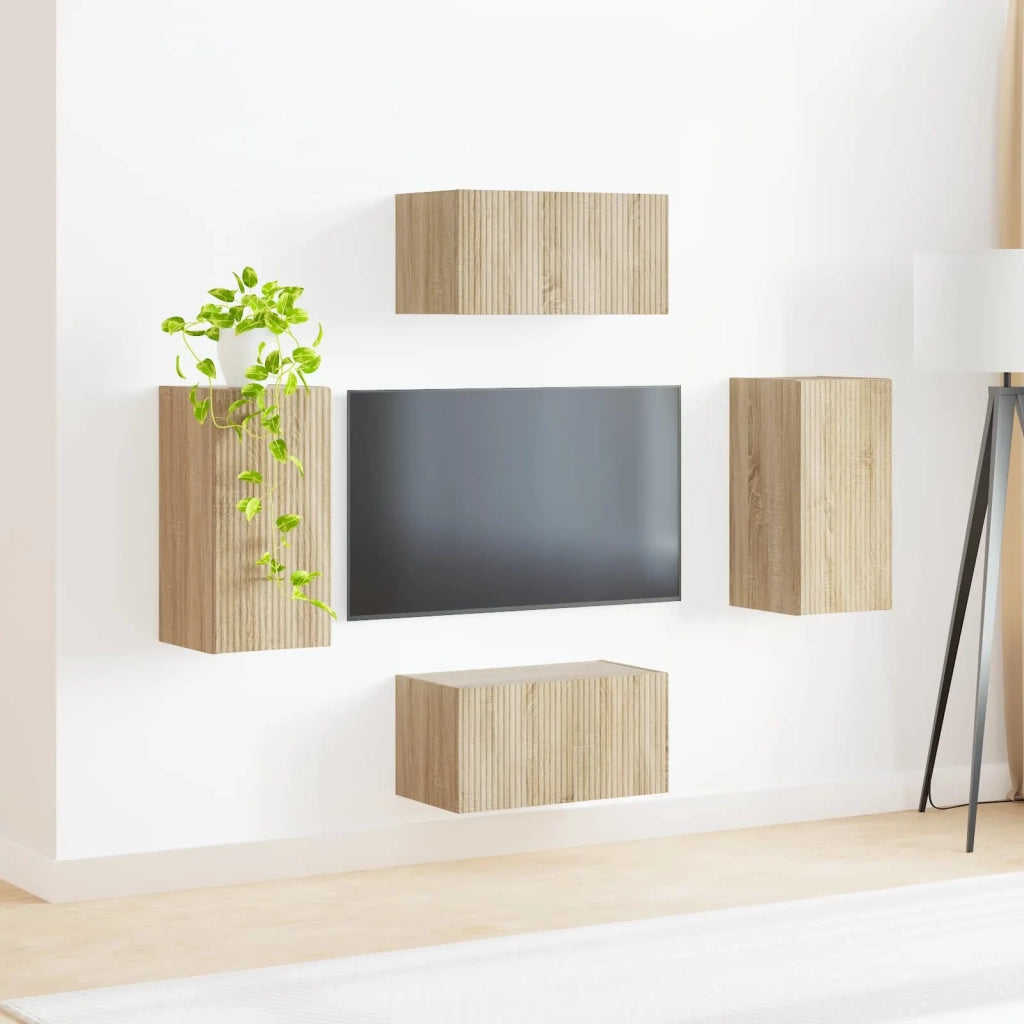 Set mobile TV 4 pz-Credenza per TV Rovere Sonoma Legno multistrato 916550