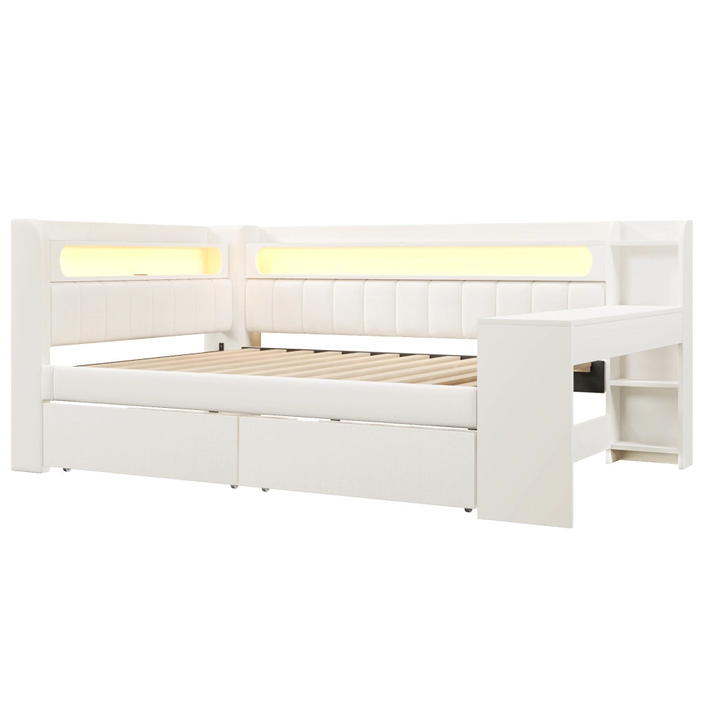 Letto daybed 140x200 cm con LED; porte USB; scrivania integrata e 2 cassetti; bianco