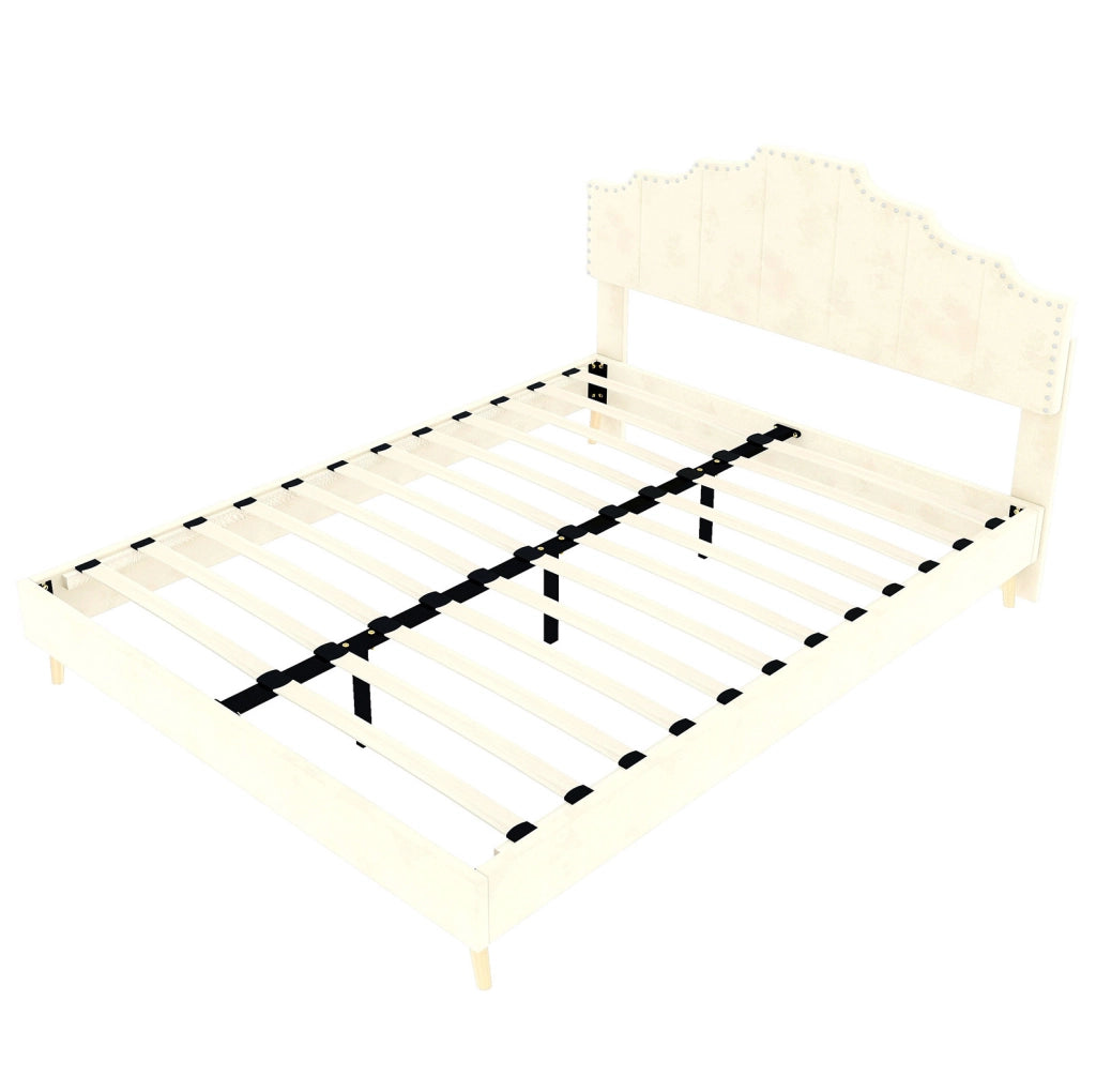 Letto imbottito con rete a doghe e materasso 140 x 200 cm in tessuto beige