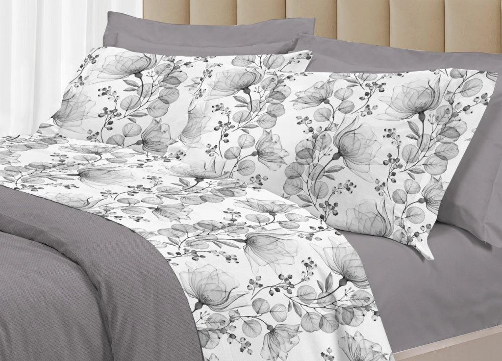 Completo Lenzuola Matrimoniale 100% Raso Cotone Floreale Dis. Angelica