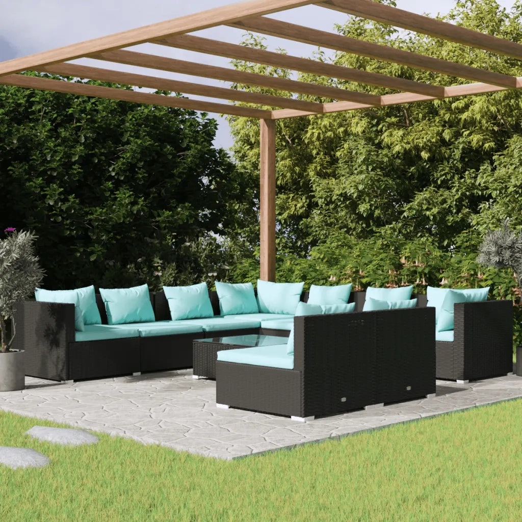 Set Divani da Giardino 10 pz con Cuscini in Polyrattan Nero