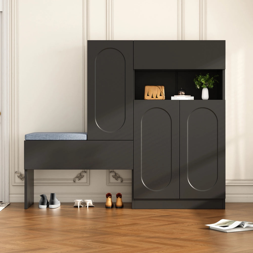 Mobile scarpiera 2 in 1 con panca imbottita e ante soft-close, nero, 130x35x110 cm