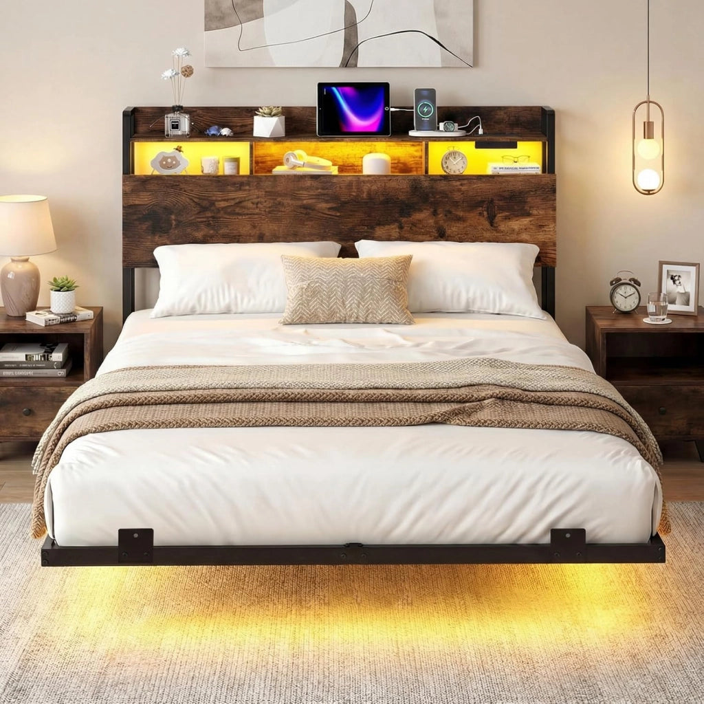 Letto Matrimoniale 140 x 200 cm, Struttura Letto Fluttuante con Luci LED e Stazione di Ricarica, Telaio Industriale in Metallo con Testiera Contenitore, Silenzioso