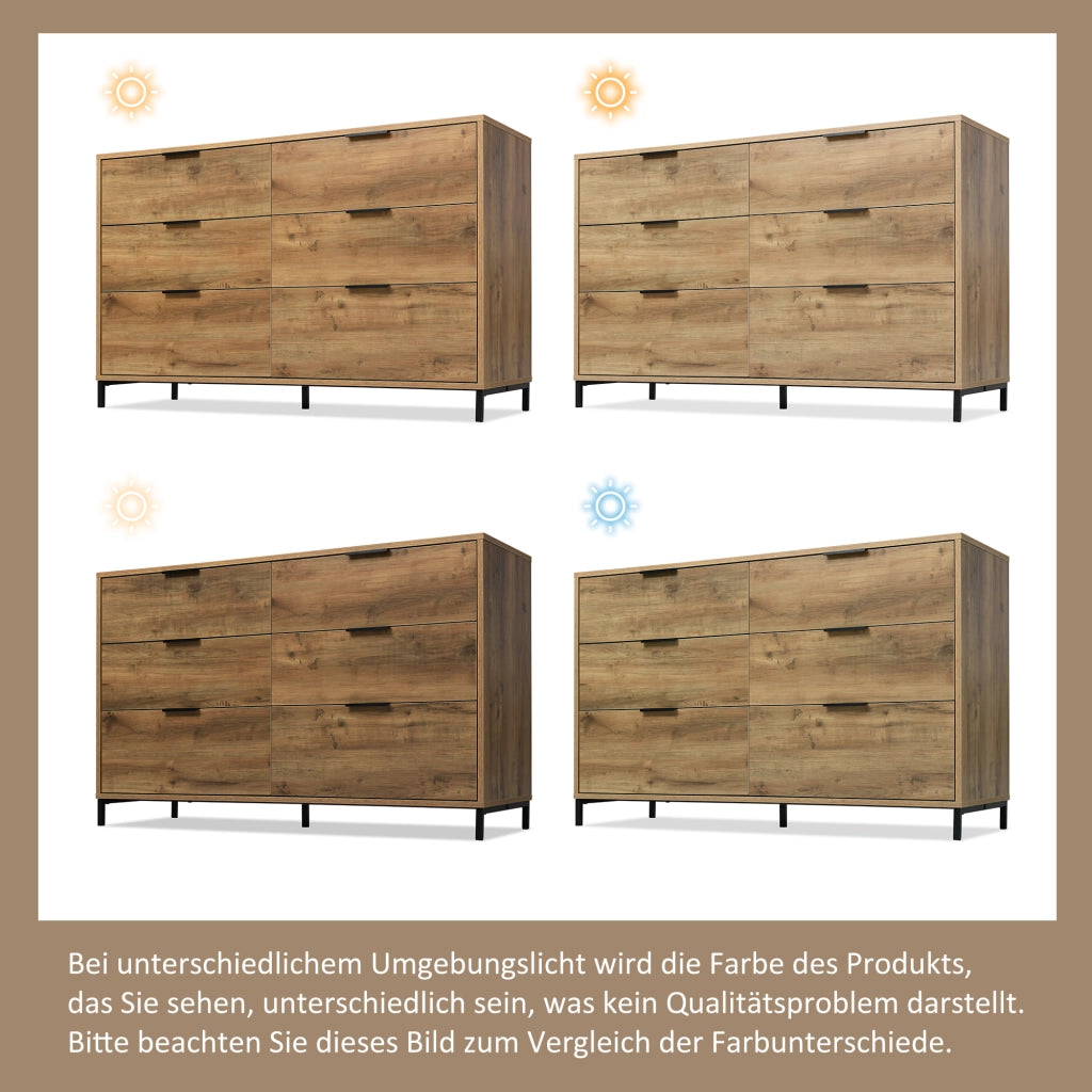 Cassettiera con 6 Cassetti; Struttura in Metallo; Stile Industriale; per Camera; in Pannello Truciolare; Rovere Scuro; 120??40??76 cm