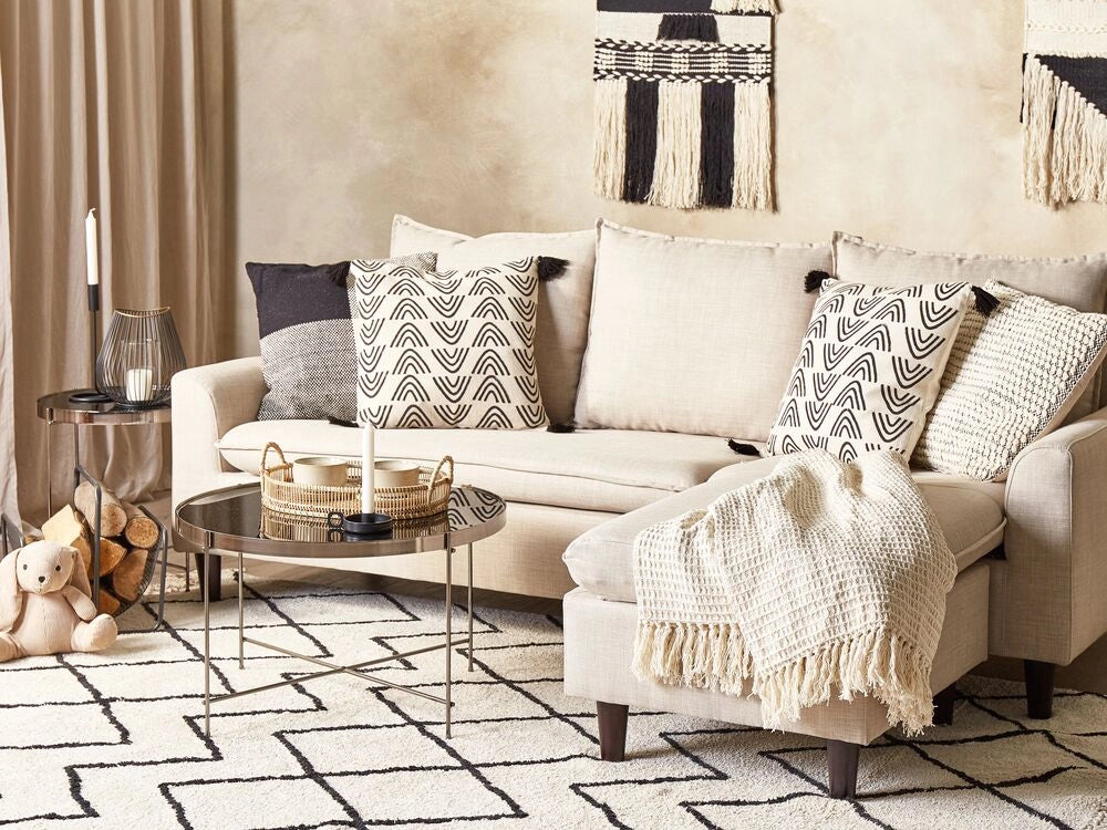 Cuscino decorativo cotone bianco e nero 45 x 45 cm motivo geometrico stampa laminata stile boho accessori