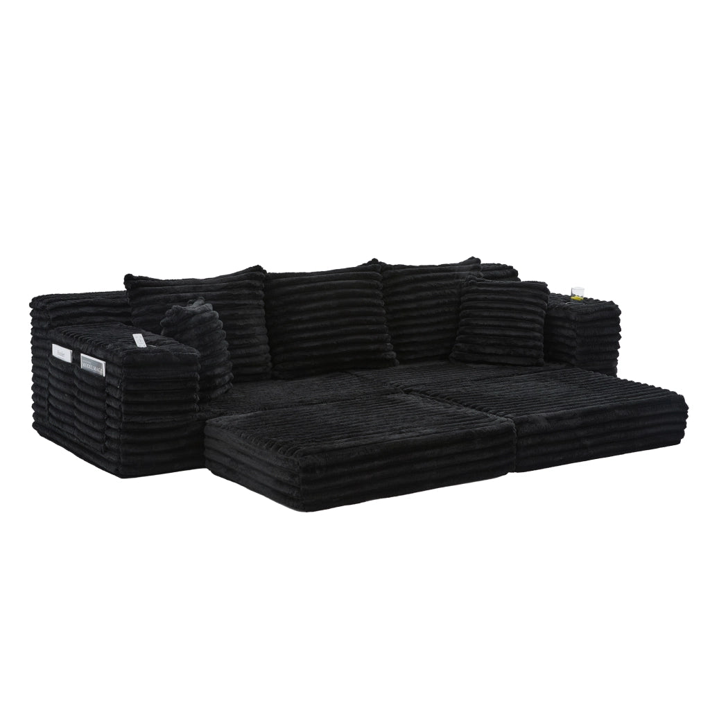Divano letto modulare in tessuto effetto velluto con schienale alto, tasche laterali e portabicchieri nero