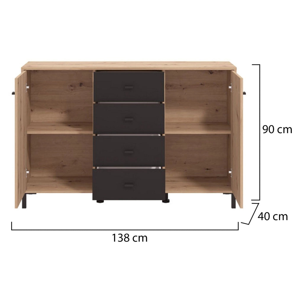 Madia Settime, Credenza 4 Cassetti, 138x40x90h cm Marrone Rovere Nodi