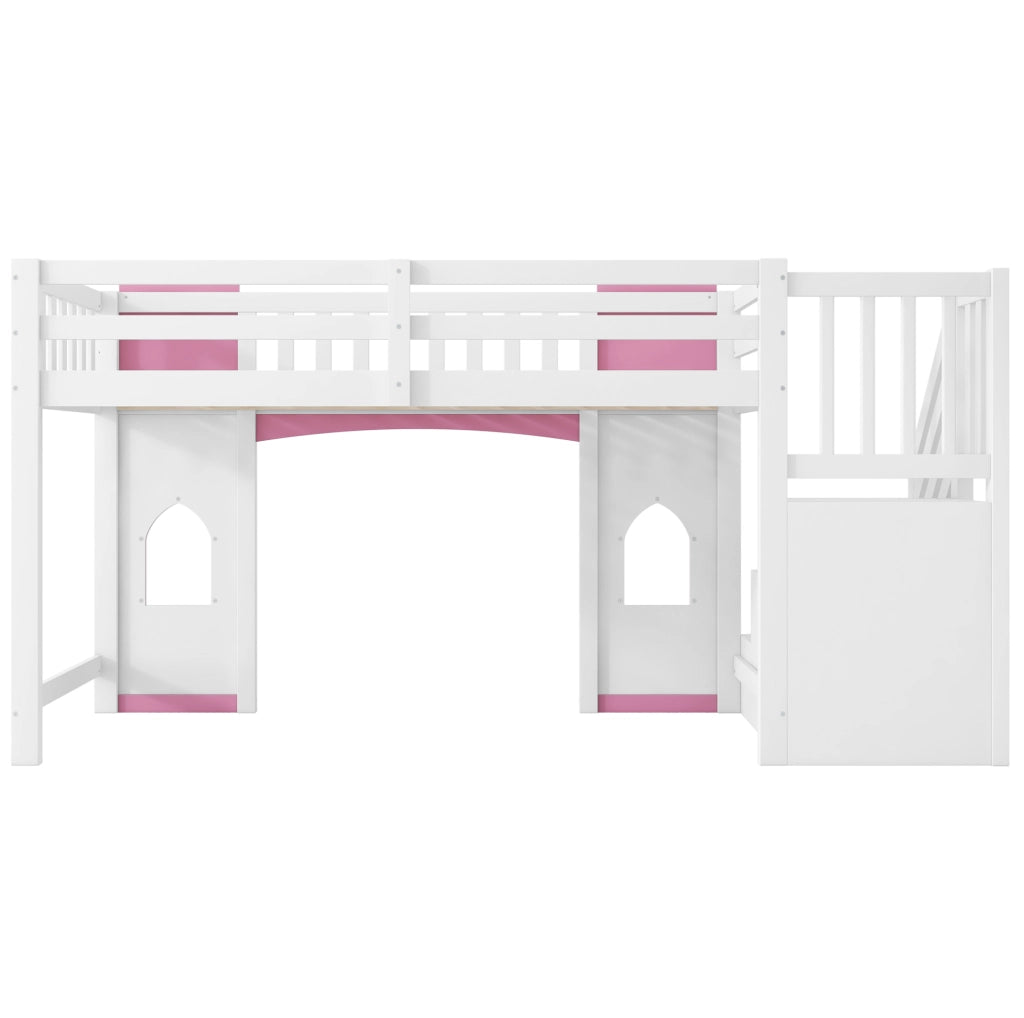 Letto a soppalco 90x200 cm con scala contenitore e finestre in MDF; pino e compensato bianco e rosa