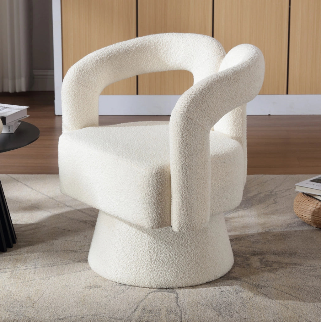 Poltrona girevole 360° in bouclé beige; 67 x 55 x 74 cm; con base in metallo