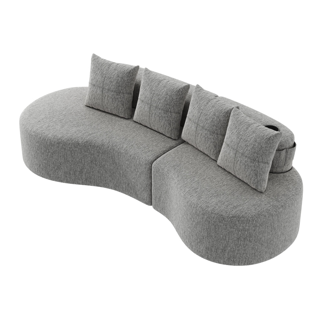 Divano con tasche laterali e portabicchieri 4 cuscini in tessuto di lino grigio chiaro 240 × 109 × 60 cm