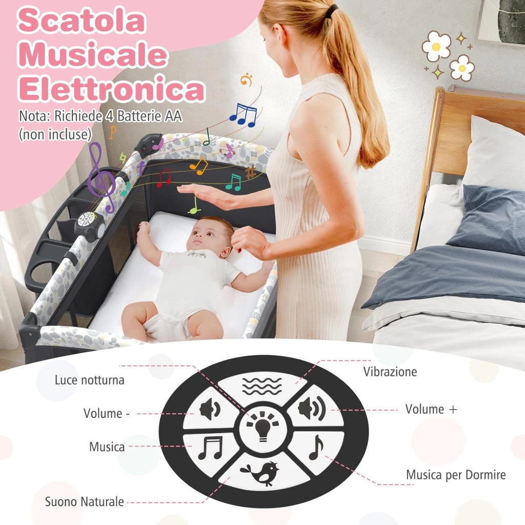 4 in 1 Lettino Neonato con Materasso, Culla da Campeggio con Fasciatoio Cappottina Regolabile, Ruote Bloccabili, Box Piechevole per Bambini 0-36 Mesi (Foglie)