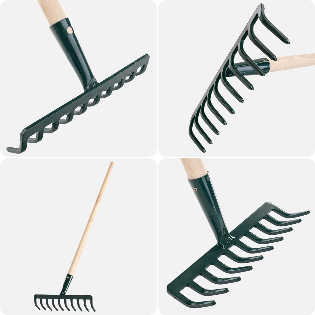 Rastrello per foglie KADAX, per terra ed erba, con manico in legno e 10 denti in metallo, 126 cm.