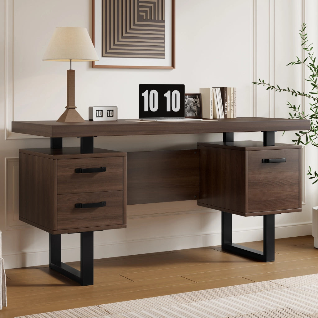Scrivania lineare con 2 cassetti e vano per raccoglitori, in MDF e metallo, per ufficio, marrone, 135 × 54 cm