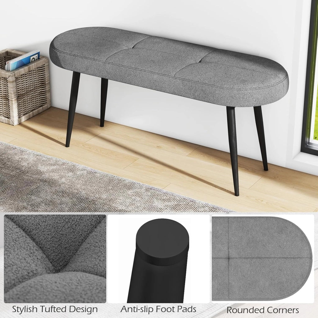 Panchina Ingresso, Panca Imbottita con Cuscino Spesso, Panca Letto con Gambe in Metallo, Portata 300 kg, con Design Trapuntato per Camera da Letto, Soggiorno, Nero/Grigio (Grigio)