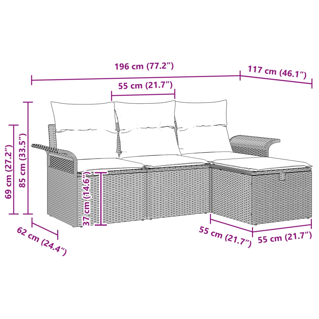 Set divano giardino 4 pezzi con cuscini neri in polirattan