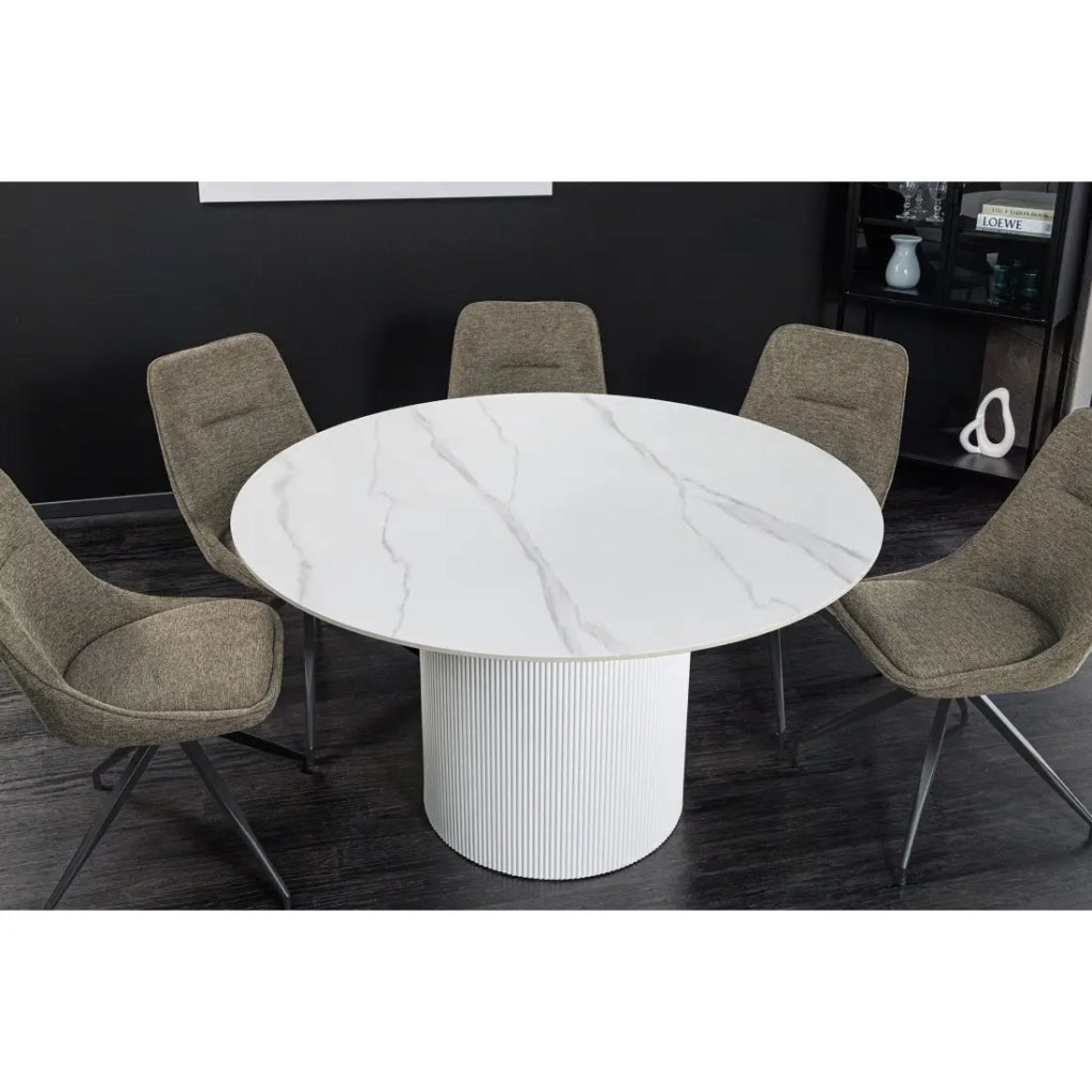 Tavolo da pranzo LUMEA – Rotondo 120 cm – Effetto marmo bianco – Piede centrale largo – Stile contemporaneo